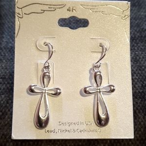 Silver Cross Open Stylized Dangle Earrings Designer Religious New